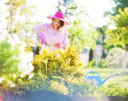 A woman wearing a pink sunhat and gardening gloves is tending to a flower bed in a residential garden during daylight hours, with vibrant yellow and green plants visible in the foreground. The garden features a neatly maintained lawn, bordered by a variety of foliage, including low shrubs and taller bushes, with some flowering plants adding natural colour variation. In the background, there are trees with green leaves providing partial shade, and a clear sky casting natural light across the outdoor space. A blue watering can is placed on the grass nearby, indicating ongoing gardening activities. The scene captures a calm and well-kept garden environment typical of landscaping and outdoor maintenance efforts, subtly fitting within the context of gardening services provided by Landscapers Pinner, serving the local area near Pinner, London, with a focus on nurturing lush, organized outdoor spaces.