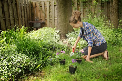 In a lush garden setting at the rear of a property in Pinner, a woman is kneeling on a well-maintained lawn with vibrant green grass, planting small flowering plants in black plastic pots. The garden features dense shrubbery and a variety of leafy plants along the edges, with a wooden fence in the background providing privacy. Mature trees with broad trunks offer shade and structure to the yard, while a small brick barbecue or outdoor oven is visible in the corner. The scene is illuminated by natural daylight, suggesting a clear, mild weather day suitable for outdoor gardening activities. The mixture of natural textures, including the soft grass, glossy leaves, and the rough bark of the trees, gives the space a peaceful and well-kept appearance, reflecting professional gardening and landscaping standards typical of services offered by Landscapers Pinner in the local area. This outdoor environment exemplifies a landscaped garden designed for plant cultivation and outdoor leisure, with an emphasis on natural beauty and orderliness, suitable for showcasing expert planting services in Pinner.