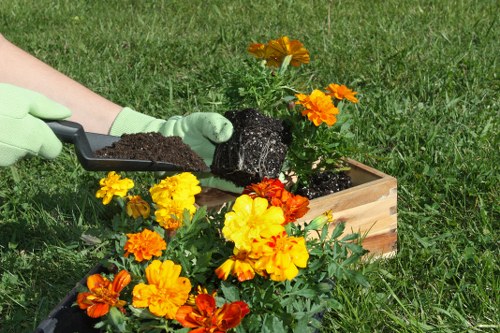 Landscaper using equipment with protective measures in place