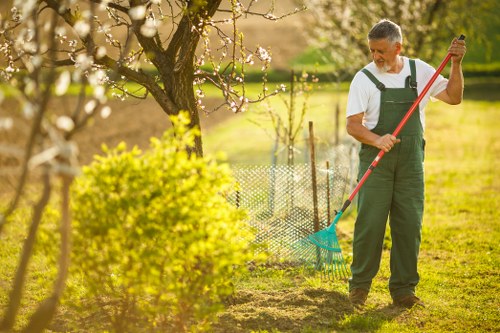 A middle-aged man in gardening overalls and a white shirt is working in a well-maintained backyard garden in Pinner, with lush green grass, a blossoming tree with white flowers, and a low wooden fence. He is using a long-handled rake to clear leaves or debris from a section of soil, which appears to be part of a landscaped lawn area. The garden features neatly edged flower beds with yellow and green plants, and a paving path is visible nearby. Sunlight filters through the branches, casting warm, natural light across the outdoor space, indicative of a clear, mild day. The scene exemplifies professional gardening and outdoor maintenance, highlighting the careful landscaping work that a company like Landscapers Pinner might undertake in a typical suburban or countryside garden setting, contributing to a tidy and inviting outdoor environment associated with expert planting and garden care services in the Pinner area.
